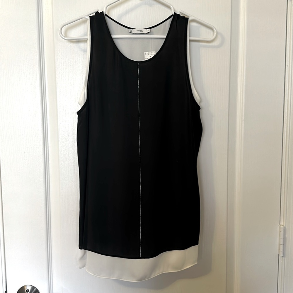 Vince Short Sleeve Layered Black and White Silk Top